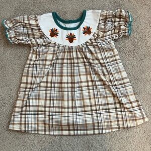 Thanksgiving Turkey Machine Embroidered Bishop Style Girls Dress